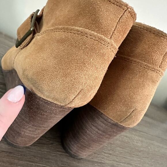 2/$25 Lucky Brand Sumarah Suede Wedge Booties Camel Tan Leather Size 8.5 Neutral - Picture 8 of 11